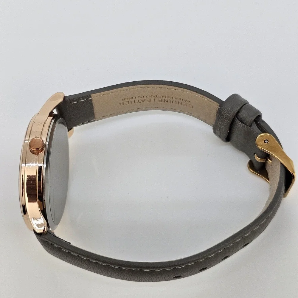 Monroe by Maestro Women Watch 36MM Gold Dial Gray Leather Band Straps NewBattery